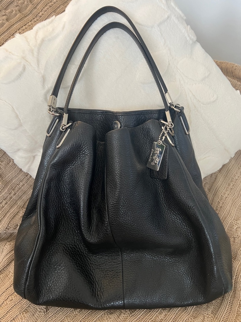 Coach Madison Phoebe Black Pebbled Leather Shoulder Bag with Silver Hardware